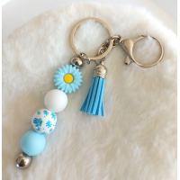 Sleutelhanger met kralen en kwastje | bloem | blauw