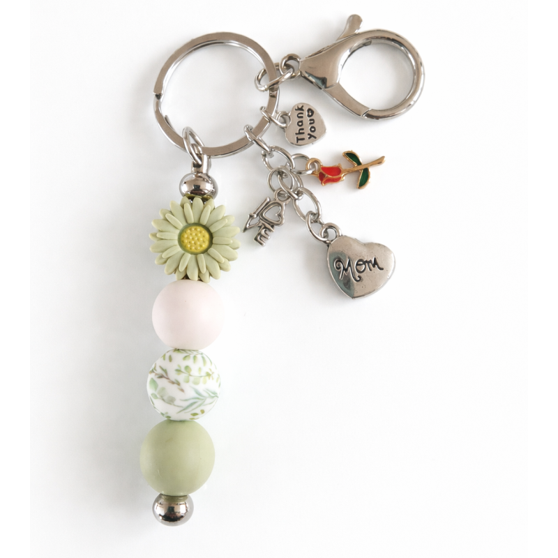 Sleutelhanger met kralen met bloem | mom, love, thank you | groen | Moederdag