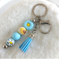 Sleutelhanger met kralen en kwastje | blauw & geel | bloem