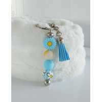 Sleutelhanger met kralen en kwastje | blauw & geel | bloem