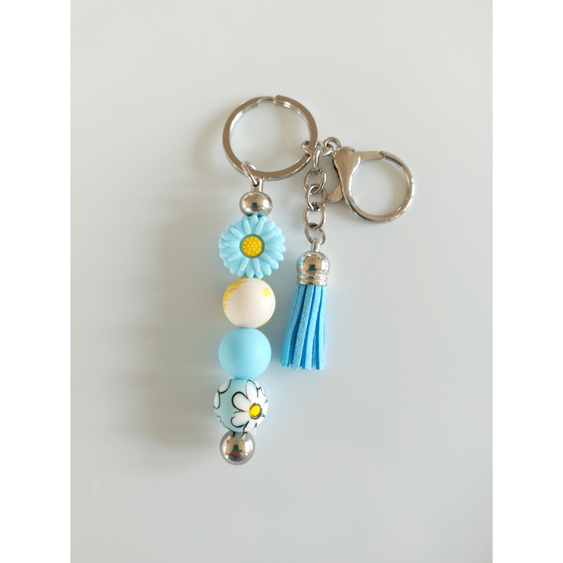Sleutelhanger met kralen en kwastje | blauw & geel | bloem