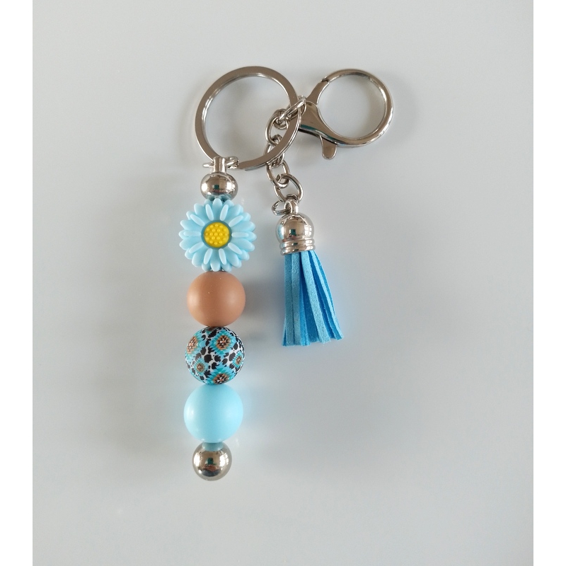Sleutelhanger met kralen en kwastje | blauw & bruin