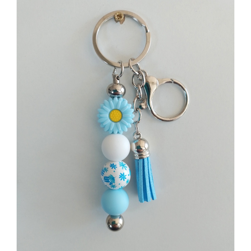 Sleutelhanger met kralen en kwastje | bloem | blauw