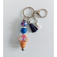 Sleutelhanger met kralen en kwastje | blauw & roze | bloemen