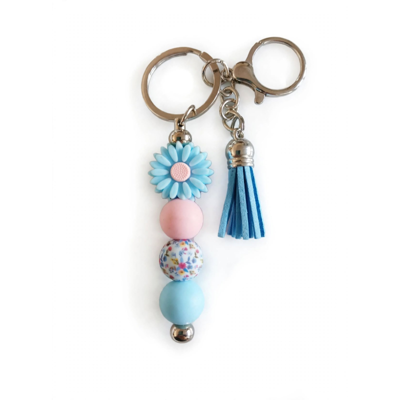 Sleutelhanger met kralen en kwastje | blauw,roze