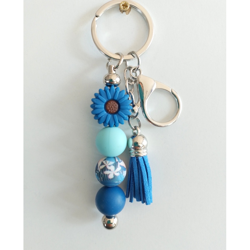 Sleutelhanger met kralen en kwastje | blauw | bloem