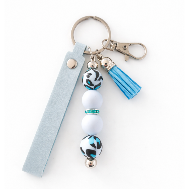 Sleutelhanger met kralen en kwastje | pu leer | blauw