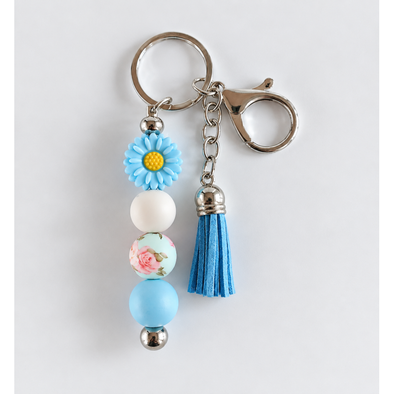 Sleutelhanger met kralen en kwastje | blauw, wit