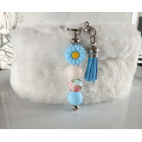 Sleutelhanger met kralen en kwastje | blauw, wit