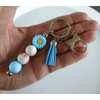 Sleutelhanger met kralen en kwastje | blauw, wit