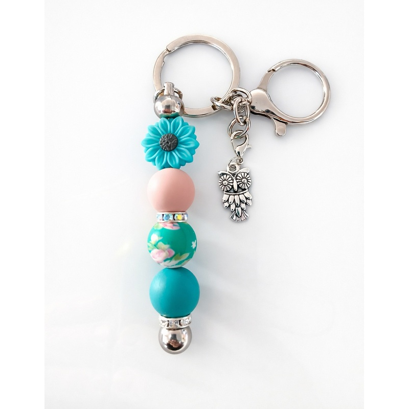 Sleutelhanger met kralen | bloem, uil | teal, roze
