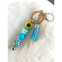 Sleutelhanger met kralen en kwastje | blauw, geel | zonnebloem