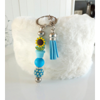 Sleutelhanger met kralen en kwastje | blauw, geel | zonnebloem