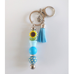 Sleutelhanger met kralen en kwastje | blauw, geel | zonnebloem