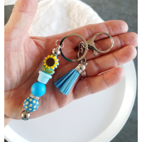 Sleutelhanger met kralen en kwastje | blauw, geel | zonnebloem