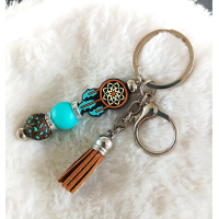 Sleutelhanger met kralen en kwastje | bruin, teal | dromenvanger