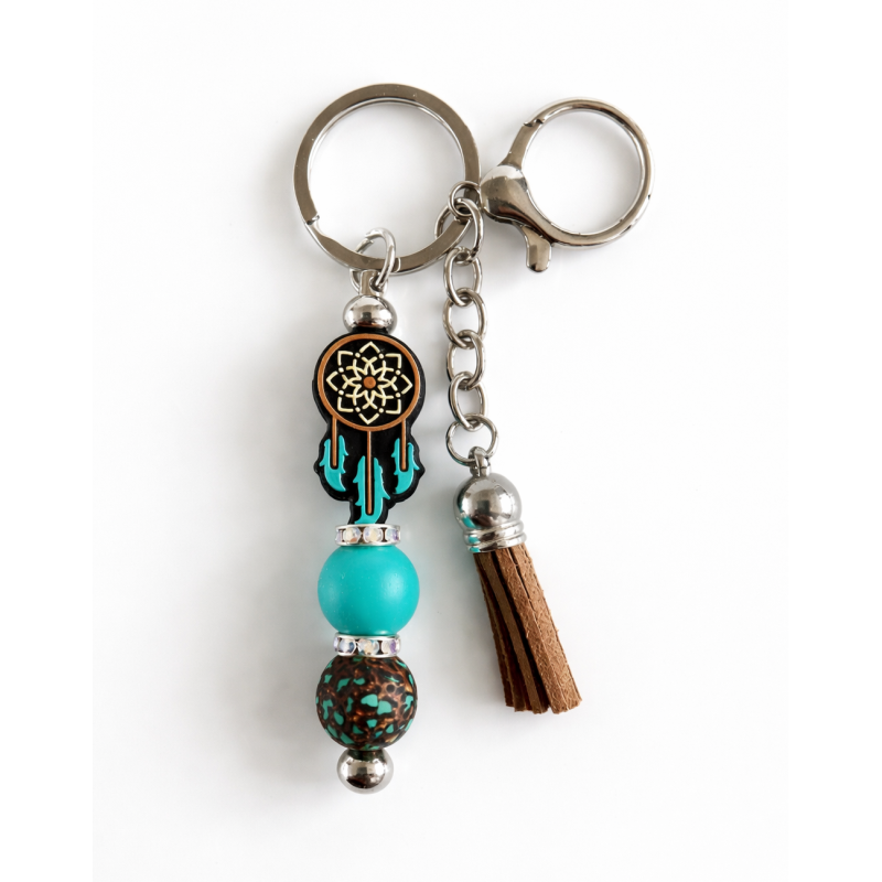 Sleutelhanger met kralen en kwastje | bruin, teal | dromenvanger