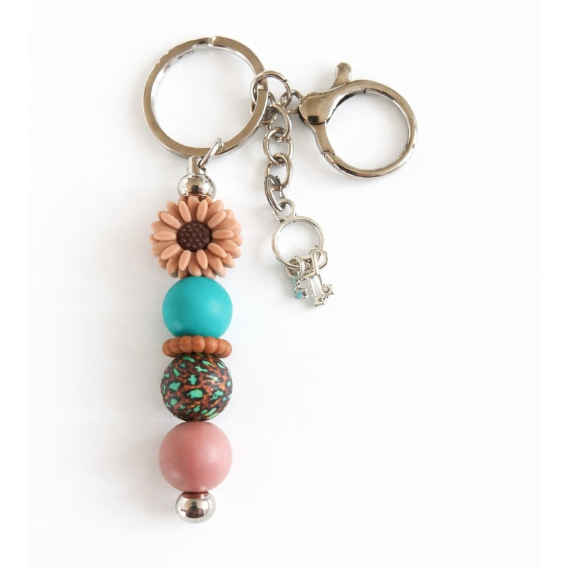 Sleutelhanger met kralen | bloem | bruin, teal | sleutelbosje