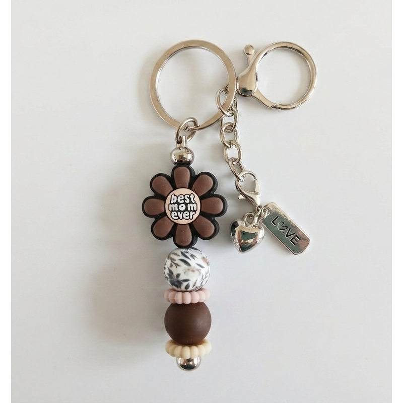 Sleutelhanger met kralen en bedeltjes | bloem | Best mom ever| bruin | moederdag