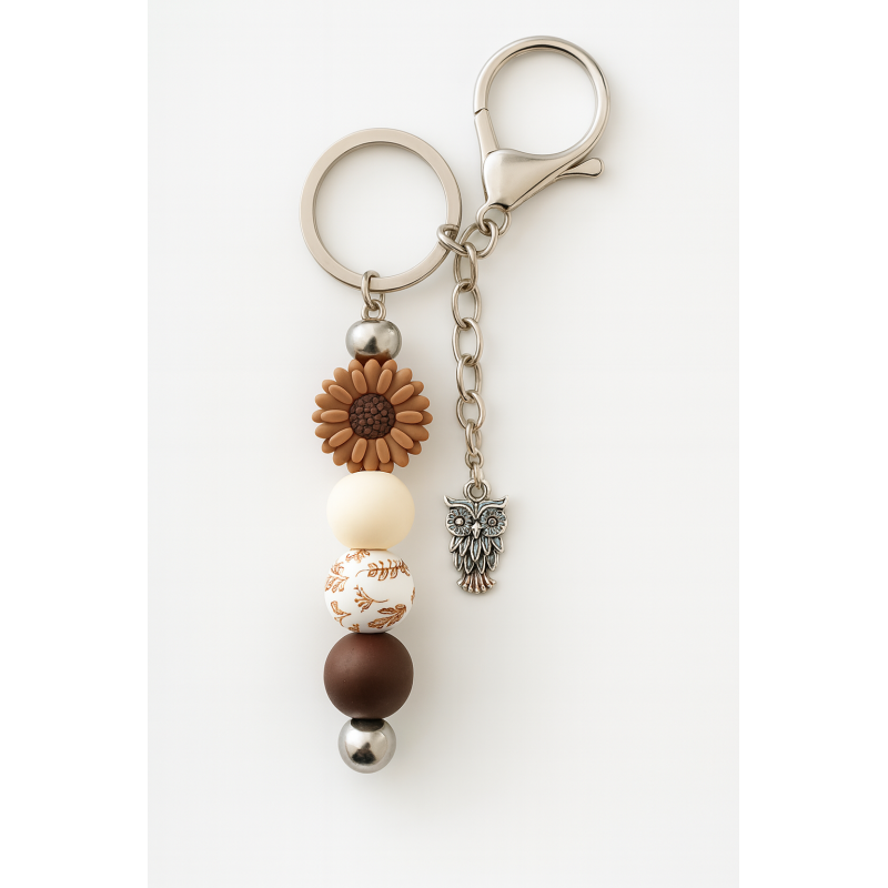 Sleutelhanger met kralen | bruin | bloem | uil