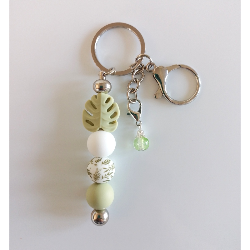 Sleutelhanger met kralen | groen, wit | blad