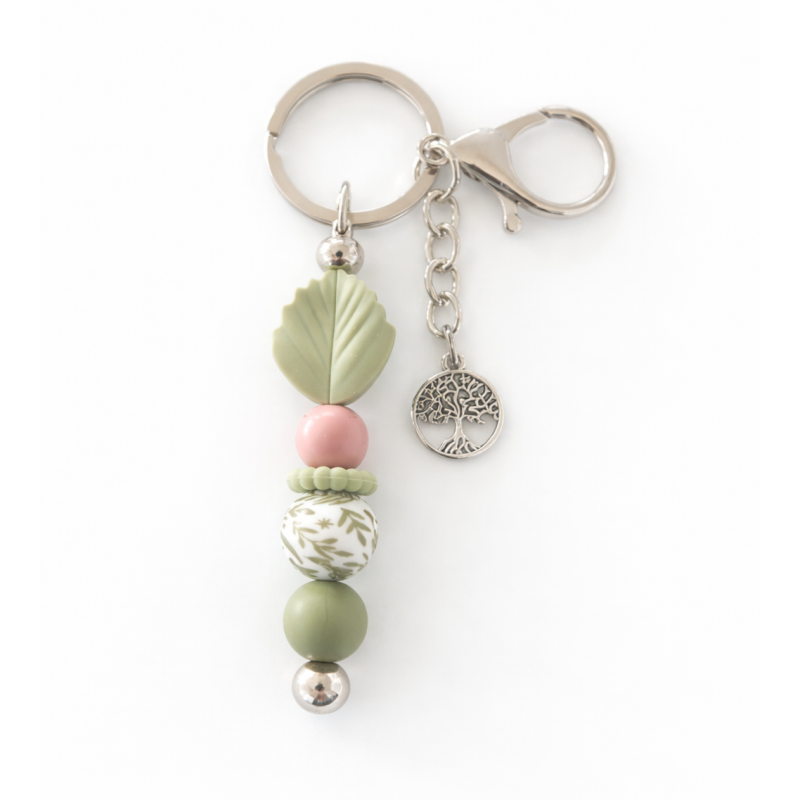 Sleutelhanger met kralen en blad | levensboom | groen