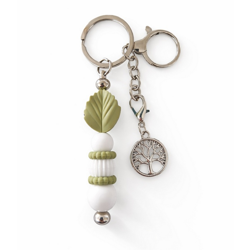 Sleutelhanger met blad en levensboom | groen ,wit