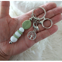 Sleutelhanger met blad en levensboom | groen ,wit