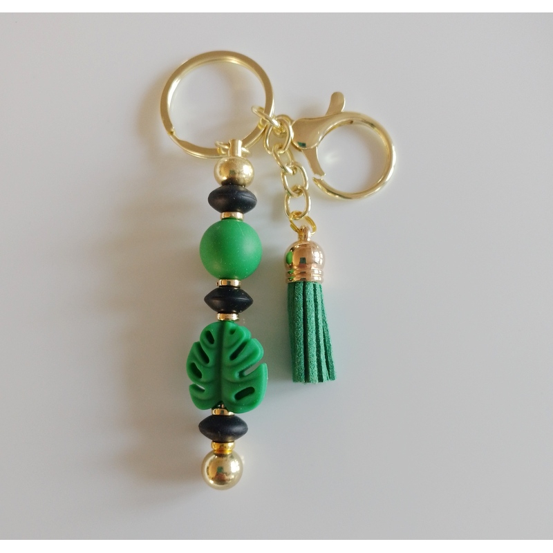 Sleutelhanger met kralen | groen, zwart | goudkleurig