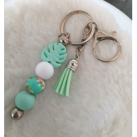 Sleutelhanger met kralen en kwastje | mint, groen, blad