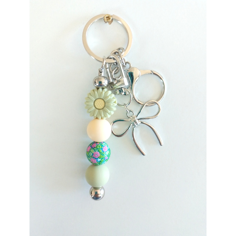 Sleutelhanger met kralen | groen | bloem | strik