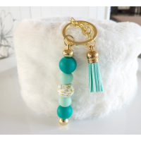 Sleutelhanger met kralen en kwastje | teal, aqua | goudkleurig