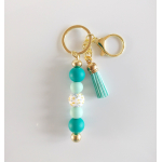 Sleutelhanger met kralen en kwastje | teal, aqua | goudkleurig