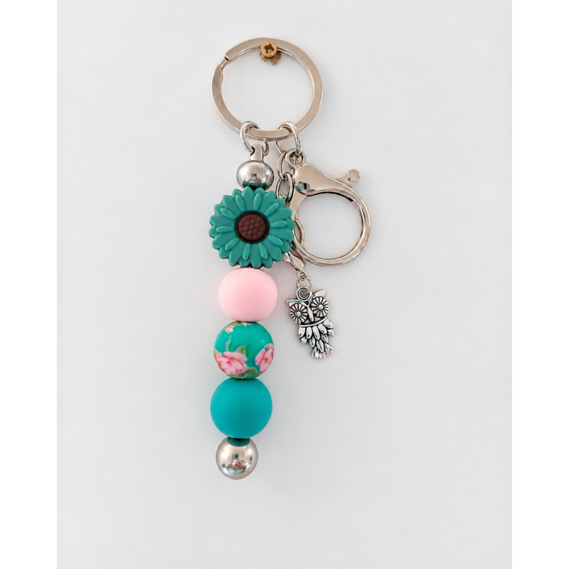 Sleutelhanger met kralen | bloem, uil | teal, roze