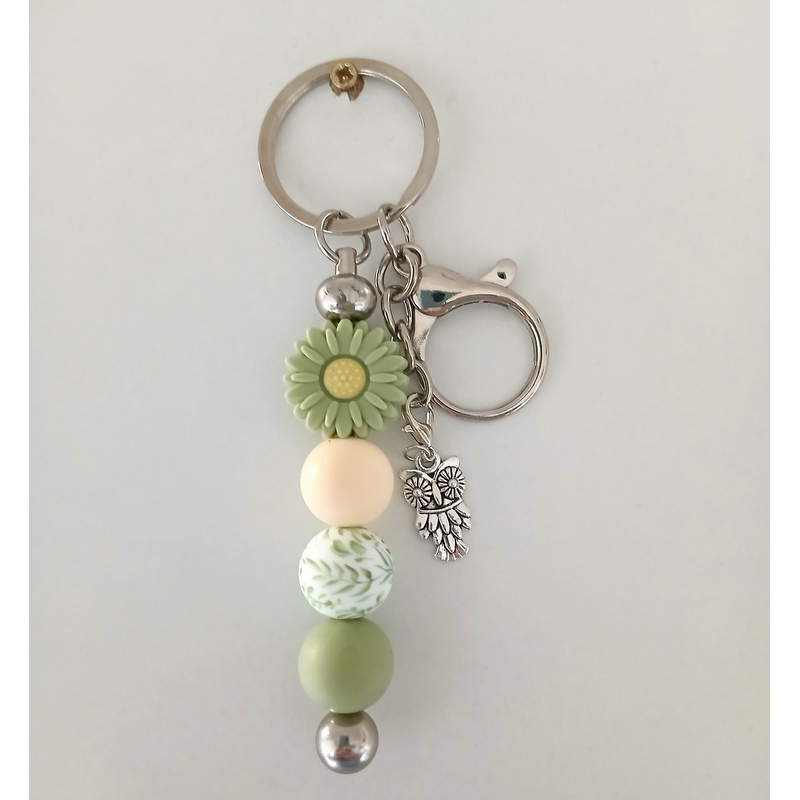 Sleutelhanger met kralen | groen| bloem | uil