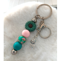 Sleutelhanger met kralen | bloem, uil | teal, roze