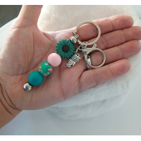Sleutelhanger met kralen | bloem, uil | teal, roze
