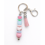 Sleutelhanger met kralen en kwastje | bloem in potje | blauw-roze