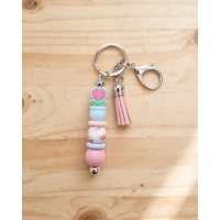 Sleutelhanger met kralen en kwastje | bloem in potje | blauw-roze