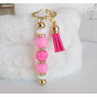 Sleutelhanger met kralen | roze | bloem | goudkleurig