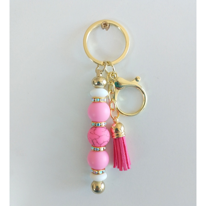 Sleutelhanger met kralen | roze | bloem | goudkleurig