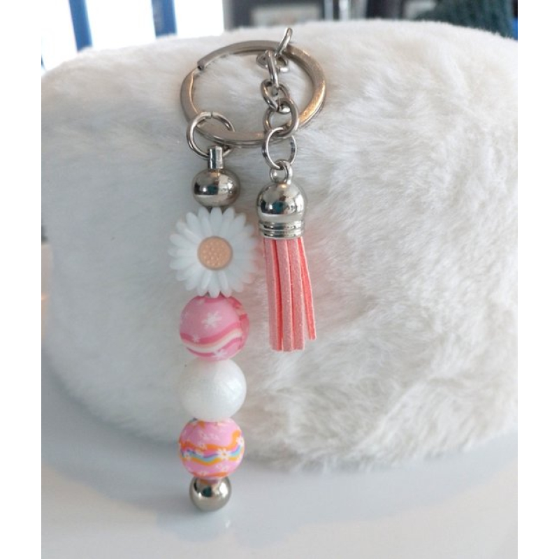 Sleutelhanger met kralen | roze & wit