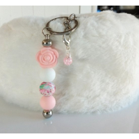 Sleutelhanger met kralen | roze & wit | roos