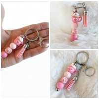 Sleutelhanger roze mok met kralen & kwastje