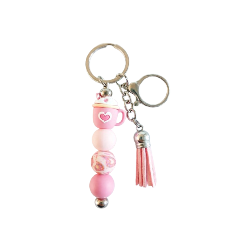 Sleutelhanger roze mok met kralen & kwastje