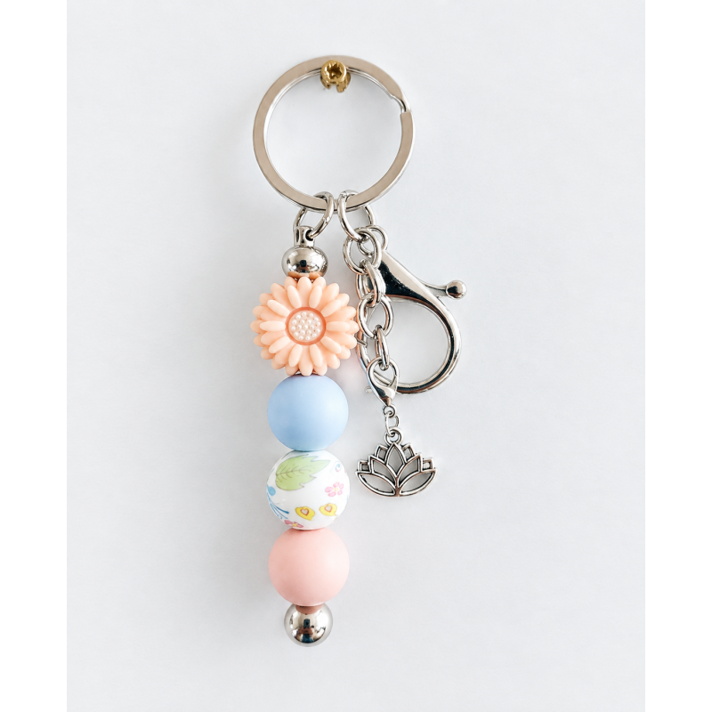 Sleutelhanger met kralen | perzik, blauw | lotusbloem