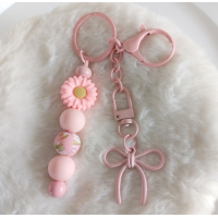 Sleutelhanger met kralen | roze | bloem | strik