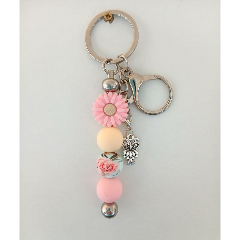 Sleutelhanger met kralen | bloem, uil |roze