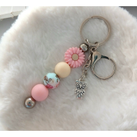 Sleutelhanger met kralen | bloem, uil |roze
