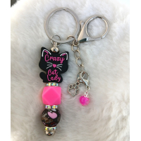 Sleutelhanger met kralen en bedels | crazy cat lady | roze, zwart